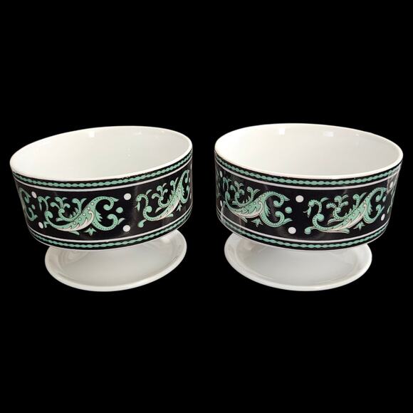 Pair of Antoinette Pedestal Dessert Bowls Black & Aqua Scroll Design, 3.5” Wide - Picture 2 of 5